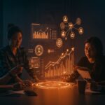 Startups tecnológicas colaborando en una interfaz futurista con iconos de premios y crecimiento, simbolizando aceleración, mentoría e innovación en emprendimiento tecnológico.