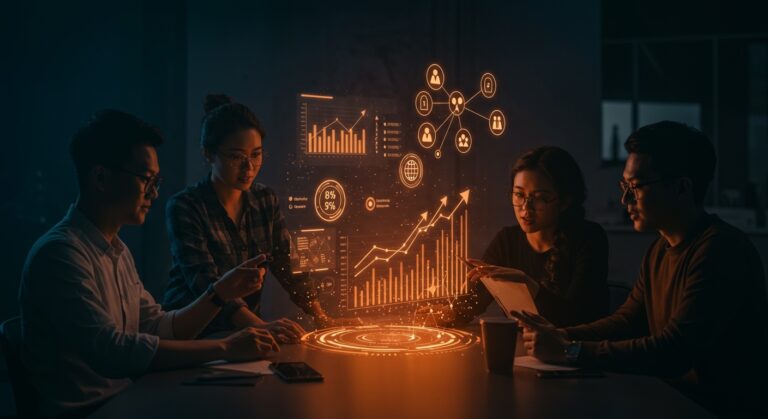 Startups tecnológicas colaborando en una interfaz futurista con iconos de premios y crecimiento, simbolizando aceleración, mentoría e innovación en emprendimiento tecnológico.