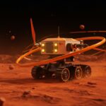 Robot WANDER-bot impulsado por energía renovable explorando Marte, simbolizando robótica e innovación tecnológica sostenible.
