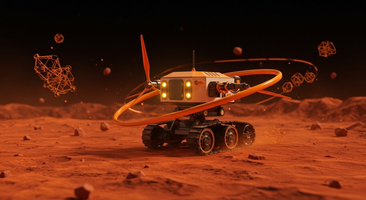 Robot WANDER-bot impulsado por energía renovable explorando Marte, simbolizando robótica e innovación tecnológica sostenible.