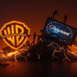 Fusión y adquisiciones fallidas en Warner Bros Discovery y Paramount con simbolismo de deuda corporativa y transformación mediática.