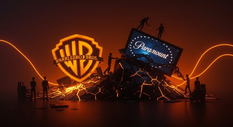 Fusión y adquisiciones fallidas en Warner Bros Discovery y Paramount con simbolismo de deuda corporativa y transformación mediática.