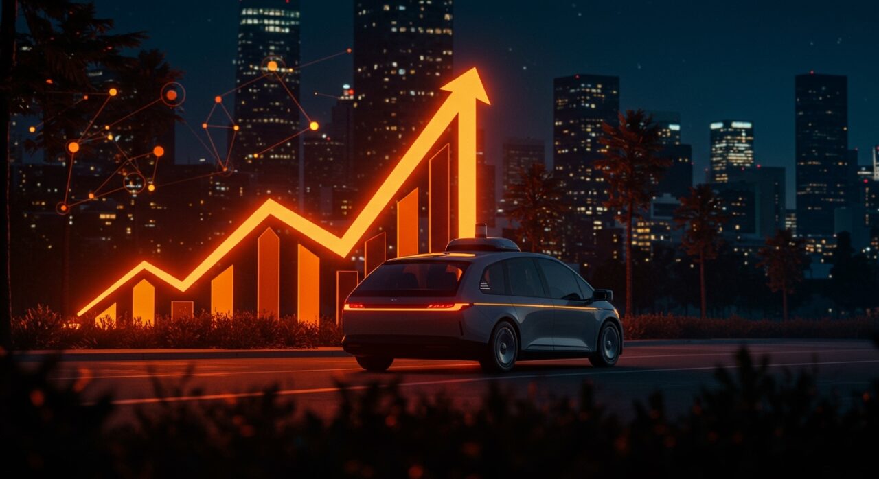 Waymo robotaxi en ciudad futurista mostrando crecimiento récord en viajes y movilidad autónoma innovadora.