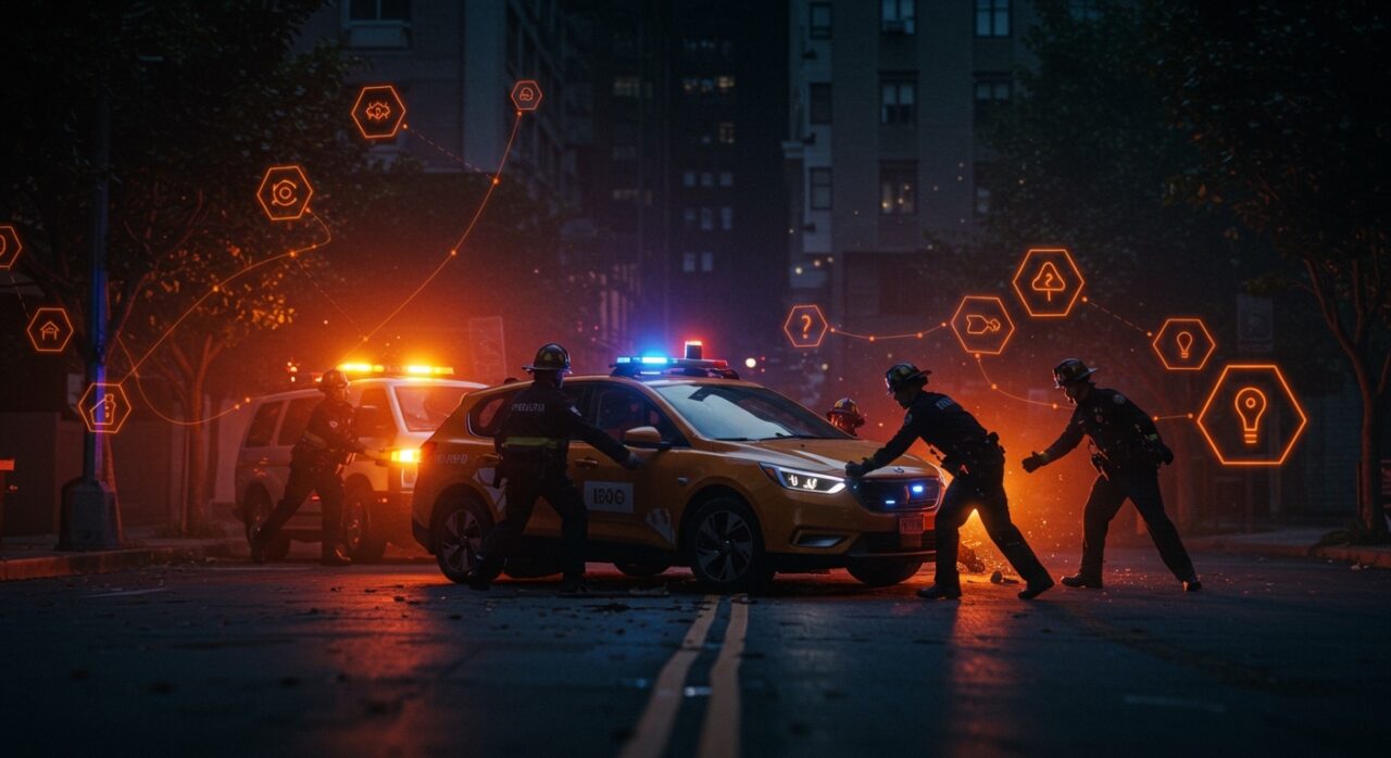 Robotaxi Waymo atascado en emergencia urbano asistido por bomberos y policía, retos de movilidad autónoma e IA aplicada.