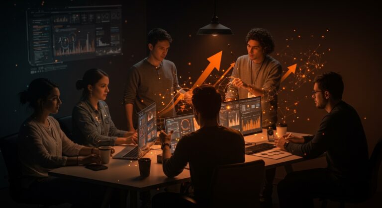 Claves para escalar startups con enfoque en producto, equipo y cultura en 4YFN Barcelona, ilustrando colaboración y crecimiento tecnológico.