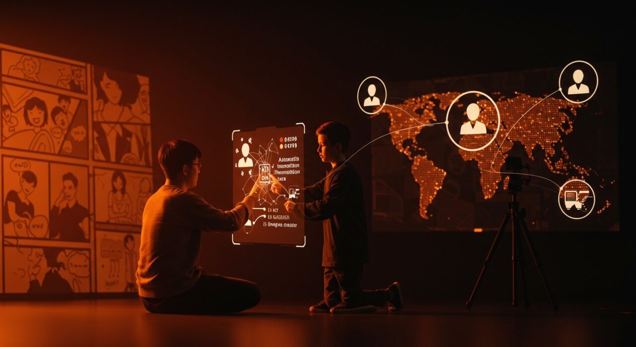 Creador indie de webtoons utilizando IA para traducción automática y monetización global en plataforma digital innovadora.