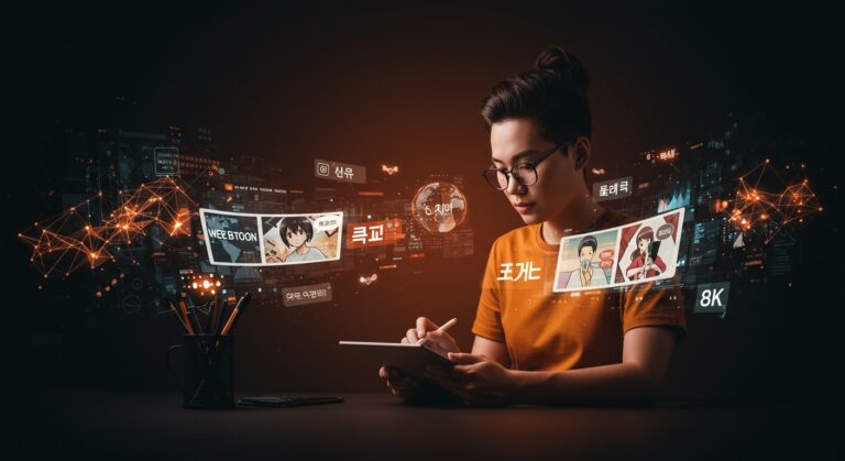 Ilustración de creador digital usando IA para traducción automática y localización global en Webtoon, destacando expansión y automatización.