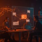 Escena futurista con fundadores de startups LATAM usando respuestas automatizadas de IA en WhatsApp para optimizar comunicación y procesos.