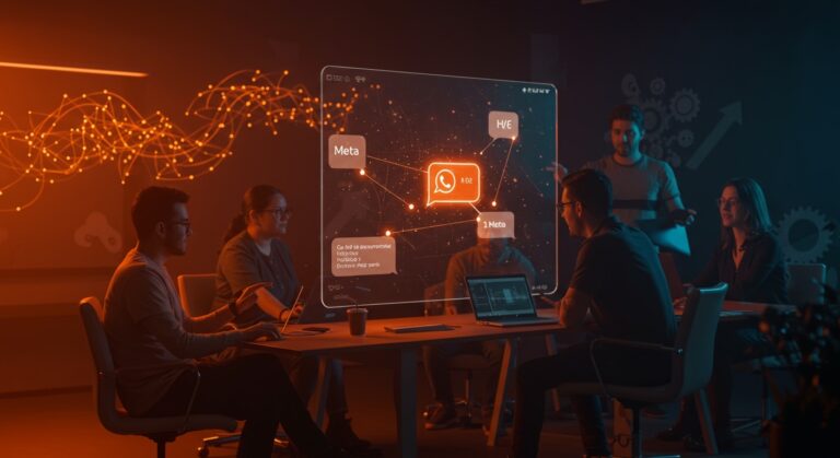 Escena futurista con fundadores de startups LATAM usando respuestas automatizadas de IA en WhatsApp para optimizar comunicación y procesos.