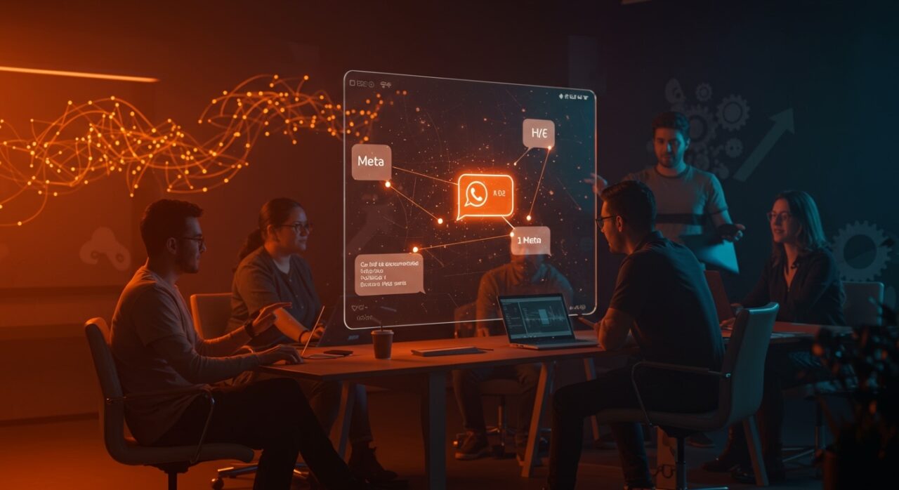Escena futurista con fundadores de startups LATAM usando respuestas automatizadas de IA en WhatsApp para optimizar comunicación y procesos.