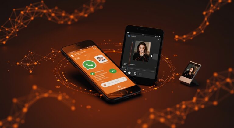 Interfaz de WhatsApp con respuestas automáticas y doble cuenta en iOS integrando IA de Meta, ilustrando innovación en startups y equipos digitales.