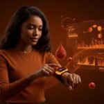 Análisis de sangre y seguimiento hormonal femenino con wearable WHOOP integrado en tecnología femtech avanzada.