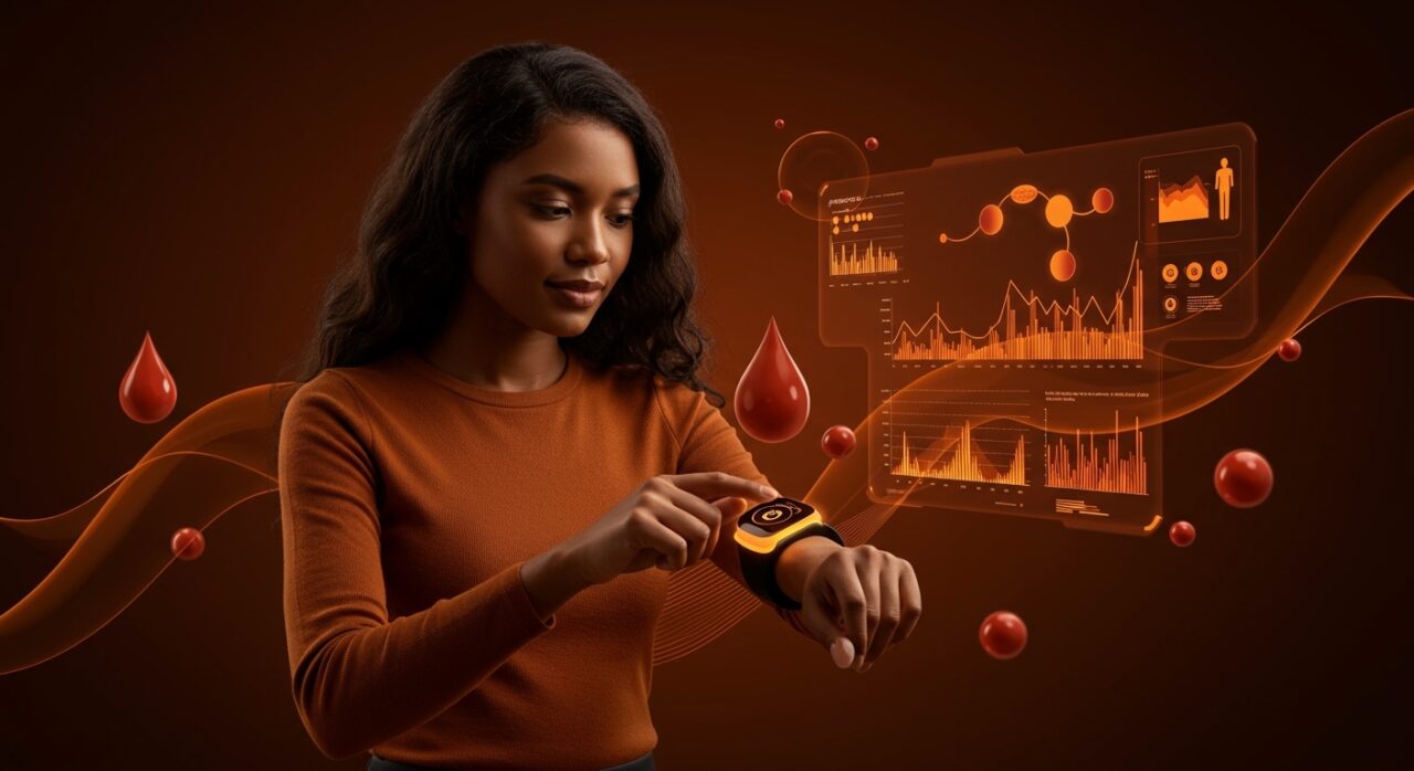 Análisis de sangre y seguimiento hormonal femenino con wearable WHOOP integrado en tecnología femtech avanzada.