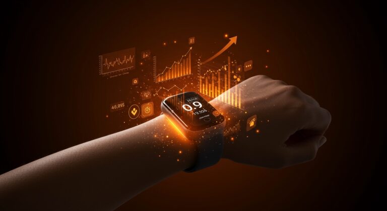 Dispositivo wearable fitness Whoop destacado con gráficos digitales y representaciones de inversión y salud predictiva en tecnología startup.