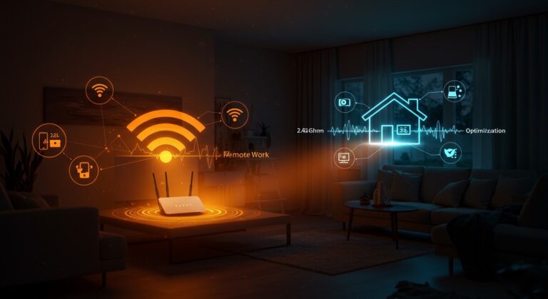 Comparativa visual de redes WiFi 2.4GHz vs 5GHz en hogar inteligente para optimización de conexión y dispositivos IoT.