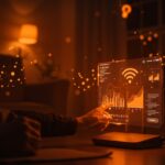 Diagnóstico y optimización de red WiFi lenta en entorno doméstico con visualización tecnológica en palette naranja y negro de Ecosistema Startup.