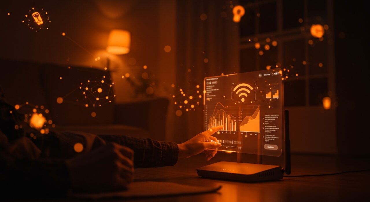 Diagnóstico y optimización de red WiFi lenta en entorno doméstico con visualización tecnológica en palette naranja y negro de Ecosistema Startup.