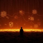 Figura contemplativa frente a un paisaje digital de texto generado por IA, representando las políticas de contenido y control en Wikipedia.