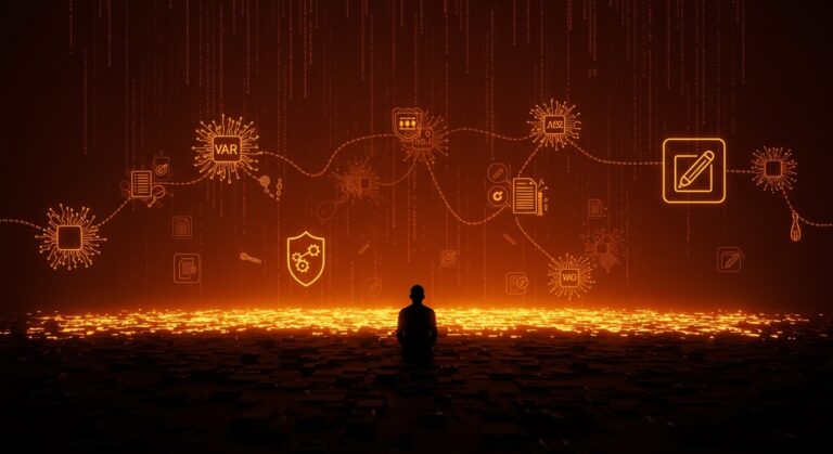 Figura contemplativa frente a un paisaje digital de texto generado por IA, representando las políticas de contenido y control en Wikipedia.