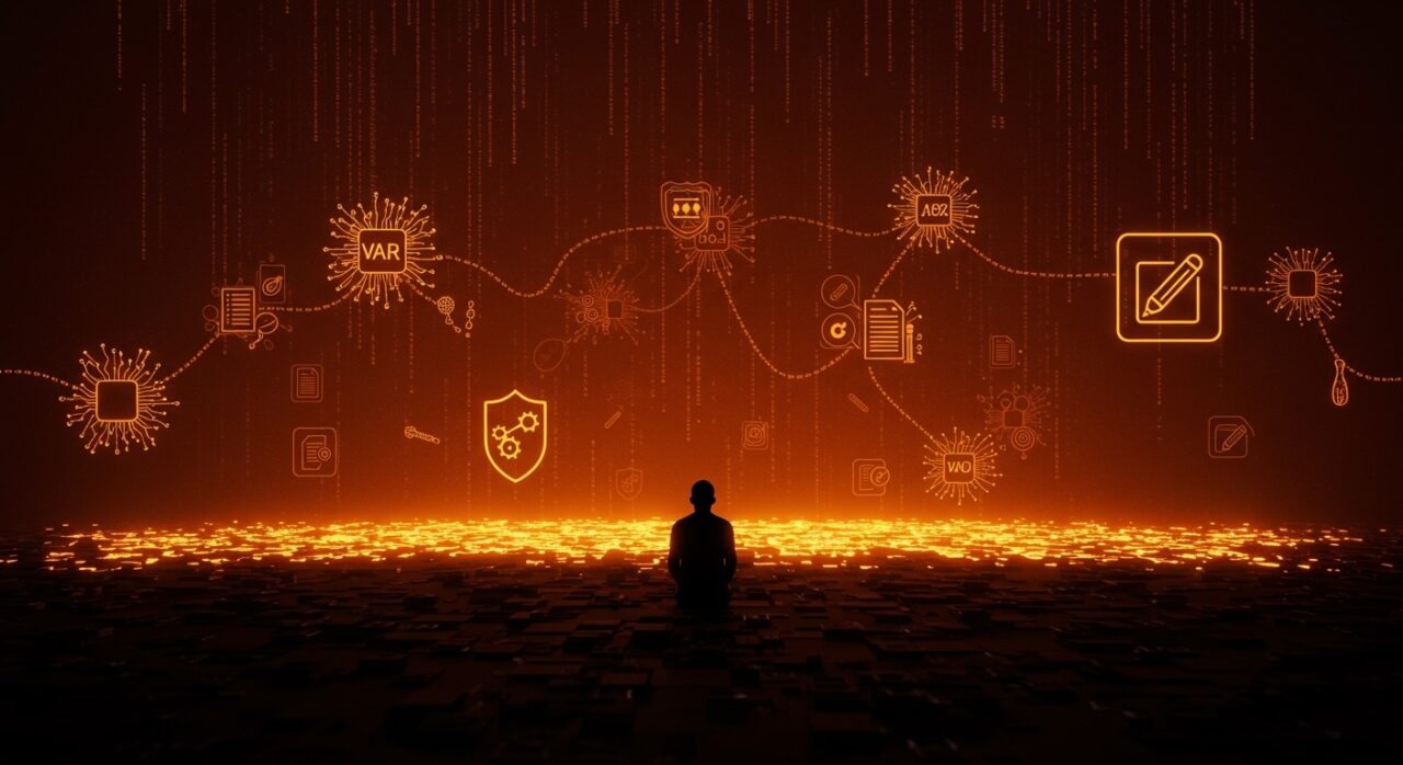 Figura contemplativa frente a un paisaje digital de texto generado por IA, representando las políticas de contenido y control en Wikipedia.