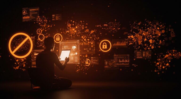 Prohibición de contenido generado por IA en Wikipedia ilustrada con editor digital y símbolos de control editorial en tonos naranja y negro.