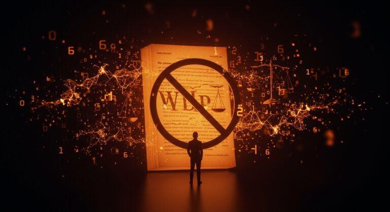 Representación visual de Wikipedia prohibiendo IA en artículos con metáforas éticas y tecnología en el ecosistema digital.