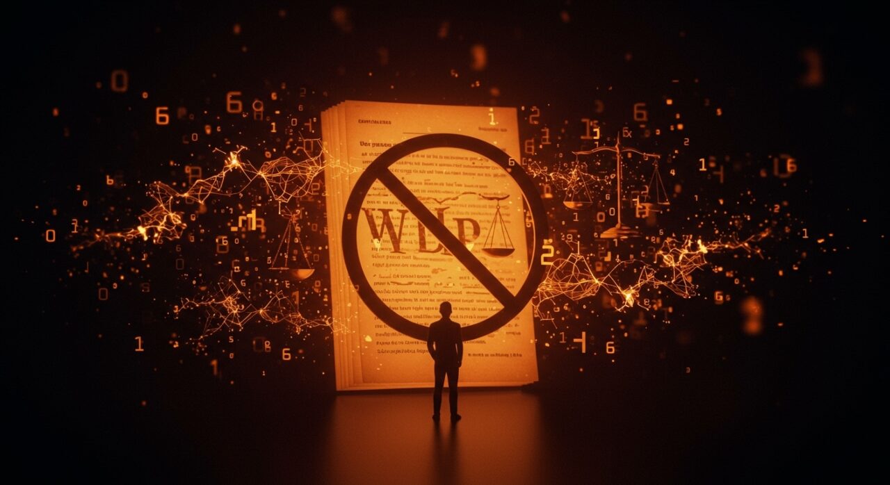 Representación visual de Wikipedia prohibiendo IA en artículos con metáforas éticas y tecnología en el ecosistema digital.