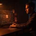 Desarrollador interactuando con interfaz digital de Windows 11 destacando cambios en IA y privacidad para software y tecnología.