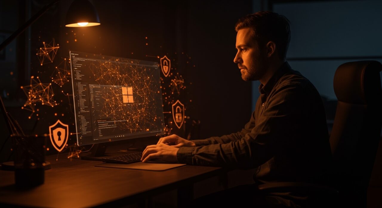 Desarrollador interactuando con interfaz digital de Windows 11 destacando cambios en IA y privacidad para software y tecnología.