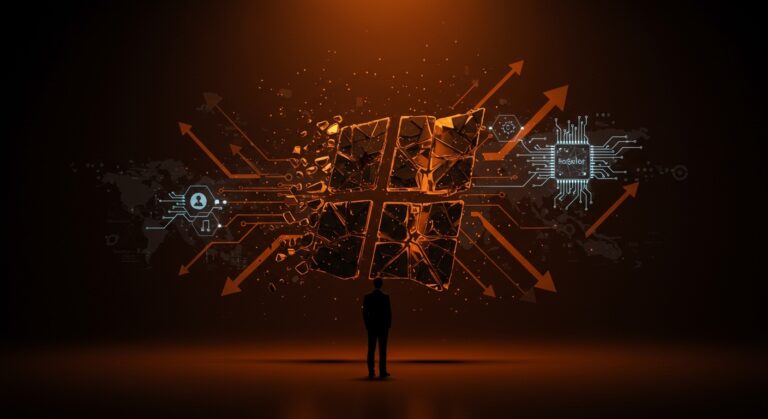 Figura de líder ante logo Windows fragmentado con elementos visuales que representan la transformación de Microsoft, inteligencia artificial y tendencias del mercado tecnológico.