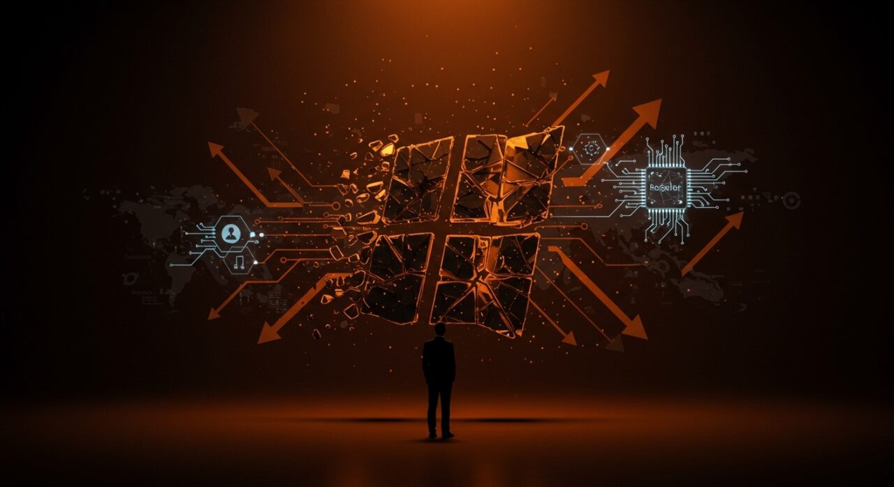 Figura de líder ante logo Windows fragmentado con elementos visuales que representan la transformación de Microsoft, inteligencia artificial y tendencias del mercado tecnológico.