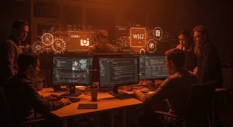 Comparativa visual entre Windows, Linux y Mac para startups tech en 2026 con representaciones digitales de sistemas operativos y tecnologías como CUDA y Steam Proton.