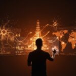 Founder de startup Wonderful frente a pantallas holográficas con agentes de IA empresarial y mapa global, simbolizando financiación Serie B y escala en 30 países.