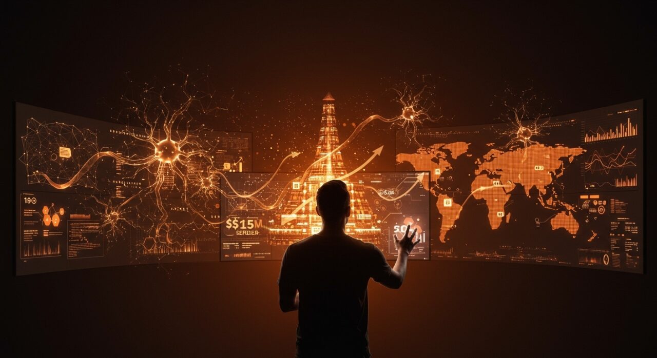 Founder de startup Wonderful frente a pantallas holográficas con agentes de IA empresarial y mapa global, simbolizando financiación Serie B y escala en 30 países.