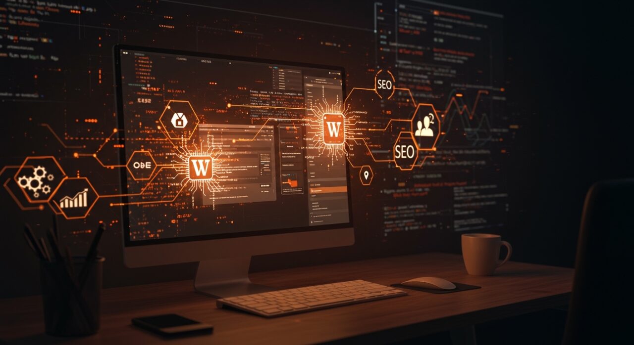 Gestión automatizada de contenido y SEO en WordPress usando agentes de IA compatibles con MCP, representando innovación tecnológica en 2026.