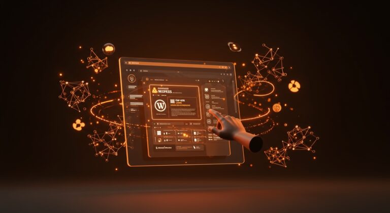 Interfaz completa de WordPress ejecutándose en navegador sin hosting ni registro con IA y CRM integrados, destacando innovación SaaS y tecnología WebAssembly.