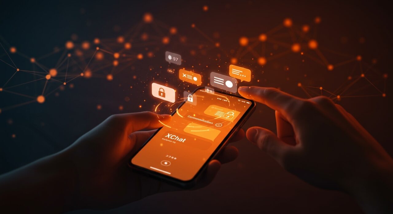 Interfaz de XChat en iOS mostrando mensajería segura y privada con cifrado end-to-end, destacando innovación y privacidad digital en la aplicación de mensajería X.