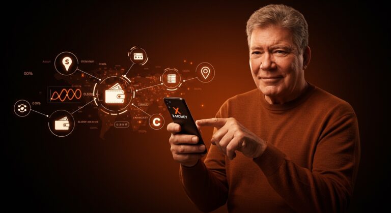 William Shatner promoviendo X Money, servicio de pagos digitales en beta para el ecosistema fintech 2026.