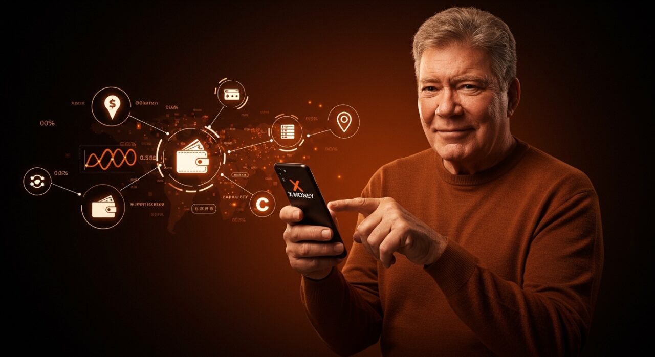 William Shatner promoviendo X Money, servicio de pagos digitales en beta para el ecosistema fintech 2026.