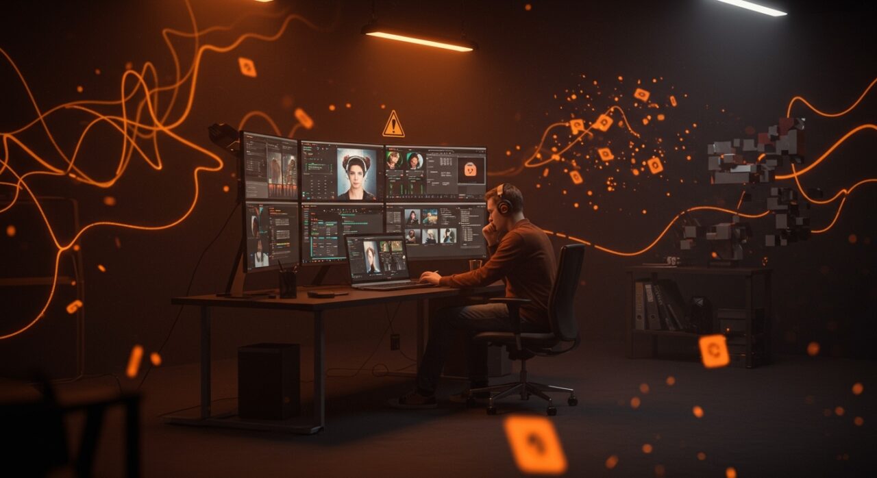 Creador de contenido revisando posts generados por IA sin etiquetar, ilustrando políticas de suspensión en la plataforma X.