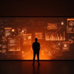 Fundador afrontando regulación de datos de entrenamiento de IA en California con visualización digital de redes neuronales y documentos legales.