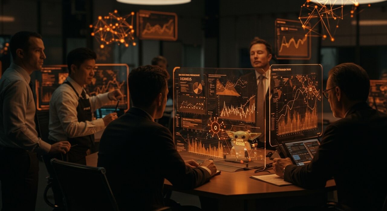 Wall Street bankers entrenando la IA financiera Grok de xAI en una escena futurista con interfaces digitales, representando la innovación fintech de Elon Musk.