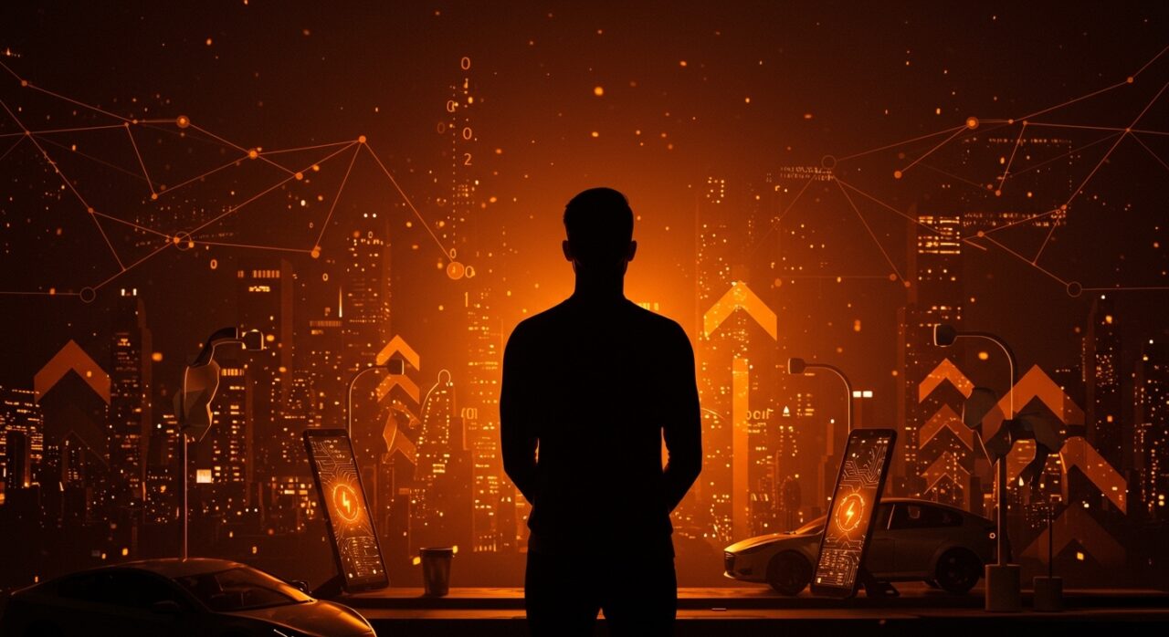 Líder tecnológico de Xiaomi representado en un entorno futurista con hardware premium, inteligencia artificial y movilidad eléctrica, reflejando su transformación en la Apple china.