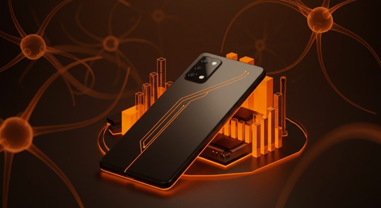 Dispositivo Xiaomi MiMo-V2-Flash en ambiente tecnológico con ilustración abstracta de redes neuronales y crecimiento en inteligencia artificial para startups.