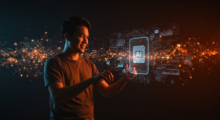 Startup founder interactuando con interfaz holográfica avanzada de IA Xiaomi MiMo-V2-Pro, mostrando automatización y tecnología aplicada para startups.