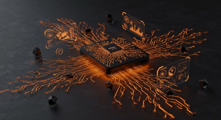 Dispositivo de inteligencia artificial MiMo-V2-Pro de Xiaomi con patrones neuronales y ecosistema integrado, destacando innovación y tecnología avanzada.