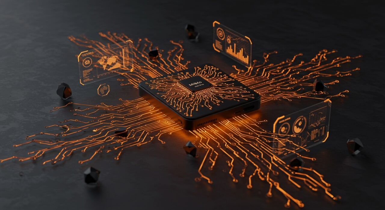 Dispositivo de inteligencia artificial MiMo-V2-Pro de Xiaomi con patrones neuronales y ecosistema integrado, destacando innovación y tecnología avanzada.