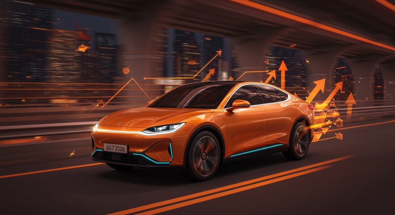 Xiaomi SU7 2026 coche eléctrico futurista en movimiento representando innovación tecnológica y movilidad eléctrica en el mercado automotriz chino.