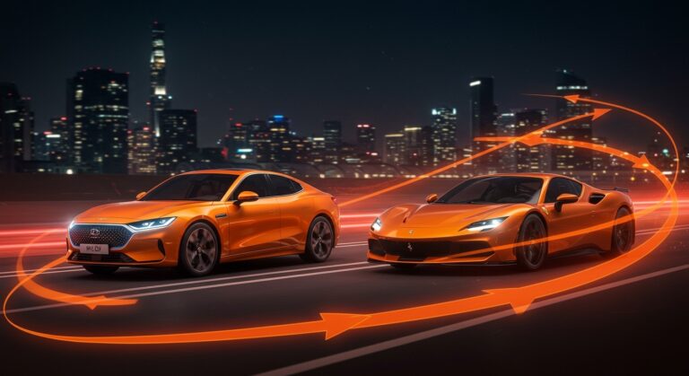 Comparativa visual entre Xiaomi SU7 Ultra y Ferrari SF90 XX destacando innovación y movilidad eléctrica en la batalla de marcas automotrices.