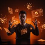 Fundador visualizando optimización de memoria en IA con tokens digitales y redes neuronales abstractas en colores naranja y negro.